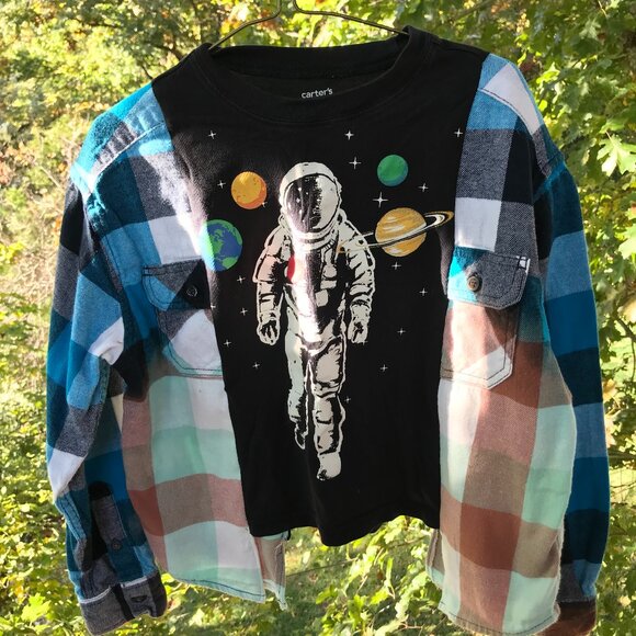 Upcycled Oversized Astronaut Graphic T-Shirt Child’s Size 4-8: Reworked Flannel - Picture 4 of 10
